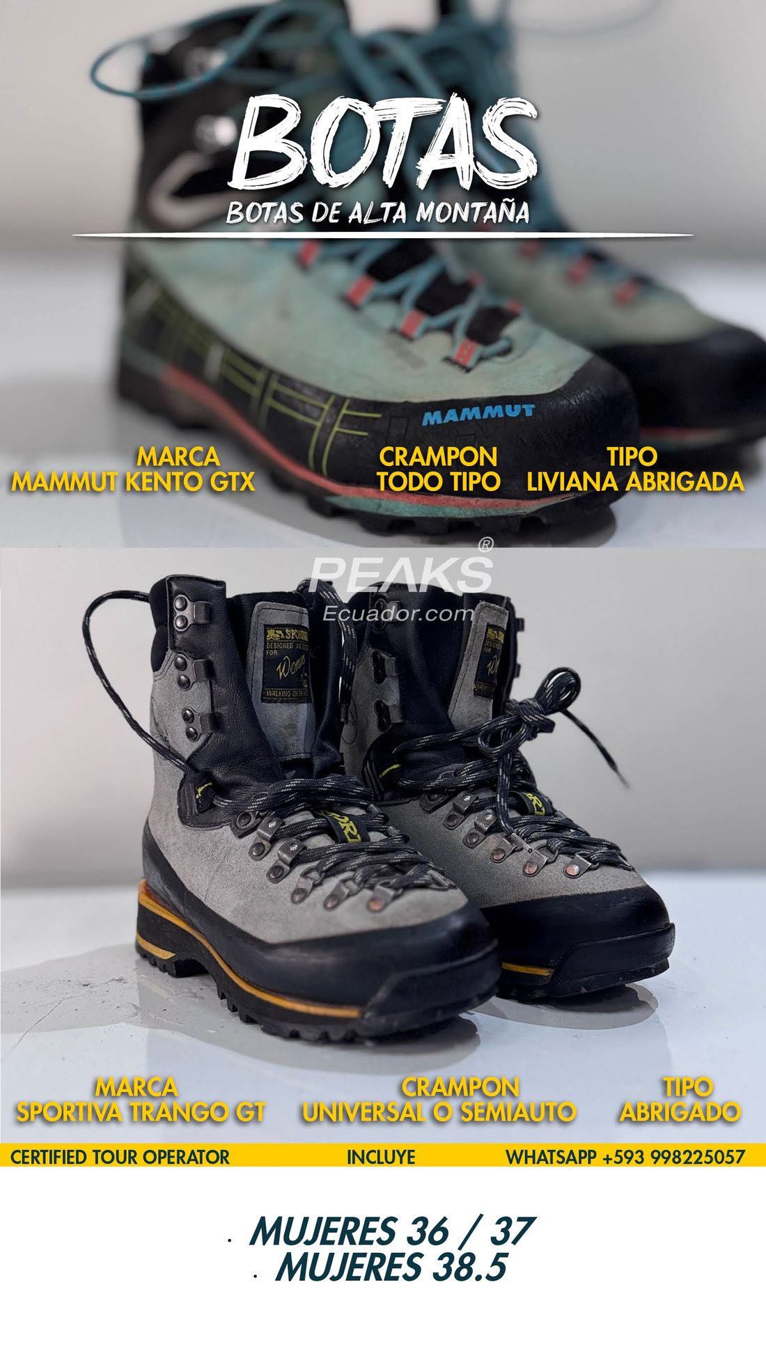 Botas Mammut Kento GTX + La Sportiva Trango GT · M 36/37 · 38.5 — PEAKS Ecuador